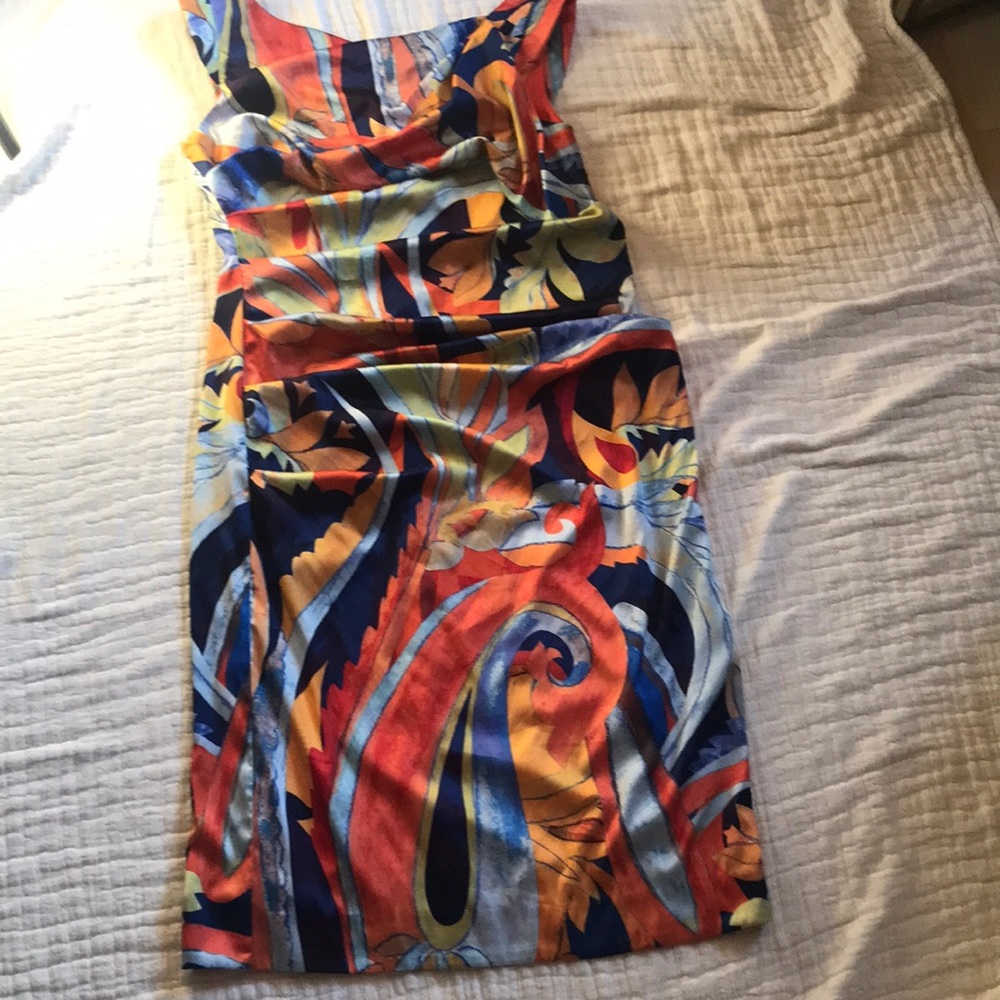 Nicole Miller Multicolor Abstract Print Sheath Dress - Navy, Red, Orange, Yellow